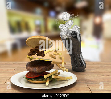 Hamburger e un bicchiere di coca cola con ghiaccio sul colore tavolo in legno spazio libero per il testo 3D render Foto Stock