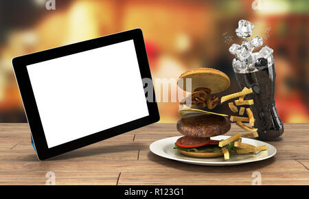 Tablet PC con una schermata vuota sul tavolo di legno con un hamburger e un bicchiere di coca cola con ghiaccio spazio libero per il testo 3D render Foto Stock