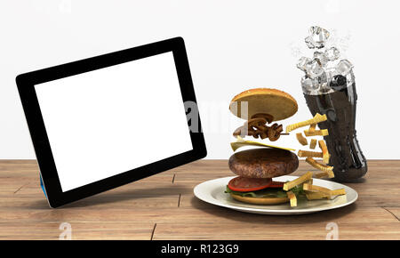 Tablet PC con una schermata vuota sul tavolo di legno con un hamburger e un bicchiere di coca cola con ghiaccio spazio libero per il testo 3D rendering su bianco Foto Stock
