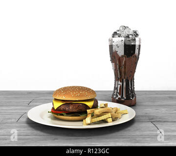 Hamburger e un bicchiere di coca cola con ghiaccio sul tavolo di legno spazio libero per il testo 3D rendering su bianco Foto Stock