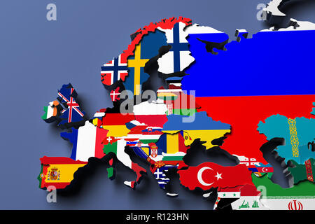 Europa mappa politica immagine 3D rappresentata Foto Stock