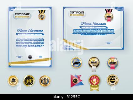 Bianco moderno certificati con abstract nastro color oro e set di emblemi. Orizzontale e verticale di modello con telaio blu. Lusso badge premium Illustrazione Vettoriale