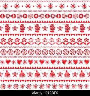 Inverno folk art vector seamless pattern, Natale ornamento rosso disegnati a mano, in stile retrò su sfondo bianco Illustrazione Vettoriale