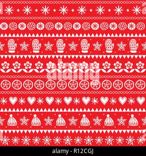 Inverno folk art vector seamless pattern, Natale ornamento bianco disegnati a mano, in stile retrò su sfondo rosso Illustrazione Vettoriale