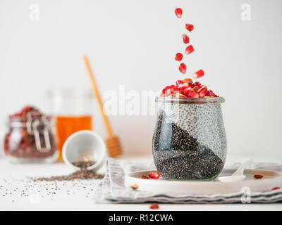 Colazione salutare concetto e idea - due colori chia pudding con materie organiche melograno. Il vasetto di vetro con il nero antracite e bianco latte vegano chia pudding con la caduta di melograno. Spazio di copia Foto Stock