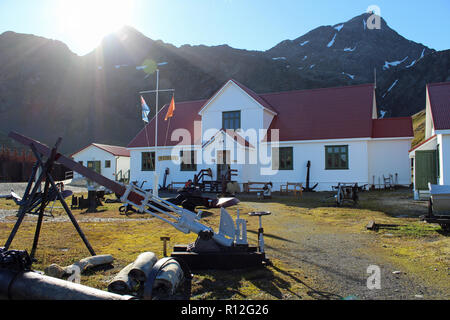 Grytviken museo. Ex stazione baleniera in corrispondenza della testa del re Edward Cove, Georgia del Sud Atlantico. Explorer Ernest Shackleton è qui sepolto. Foto Stock