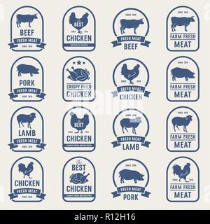 Grande set di etichette di carne, carni fresche francobolli. Idee per il negozio di macellaio e mercato di fattoria Illustrazione Vettoriale