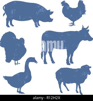 Gli animali della fattoria, sagome vettoriali con effetto grunge Illustrazione Vettoriale