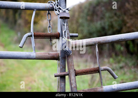 Combinazione bloccata con telaio metallico di gate farm a terreno coltivato nelle zone rurali Hampshire Foto Stock