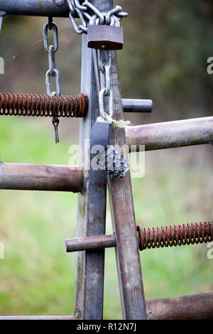 Combinazione bloccata con telaio metallico di gate farm a terreno coltivato nelle zone rurali Hampshire Foto Stock