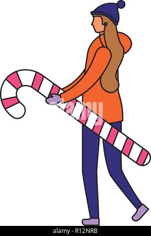 Donna in abiti invernali holding candy cane illustrazione vettoriale Illustrazione Vettoriale