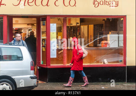 Skibbereen, West Cork, Irlanda. 9 Nov, 2018. Una shopper braves gli elementi a Skibbereen. Questo pomeriggio vedrà una continuazione di forti venti, che raggiungerà il gale force sulle coste. Alti oggi di 9 a 13°C. Credito: Andy Gibson/Alamy Live News. Foto Stock
