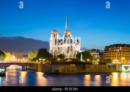 Notre Dame de Paris con la nave da crociera sul fiume Senna di notte a Parigi, Francia Foto Stock