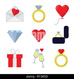 Il giorno di San Valentino icon set piatto bianco su sfondo icona Illustrazione Vettoriale