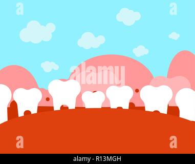 Paesaggio dentale. Denti e la lingua. La Bocca e il dente. Fantastico terreno. Illustrazione Vettoriale