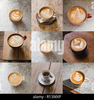 Immagine montaggio di 9 tazze di caffè. Ci sono diversi tipi di caffè. Foto Stock