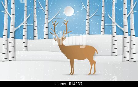 Arte di carta di cervi nel paesaggio invernale della foresta di neve, illustrazione vettoriale Illustrazione Vettoriale