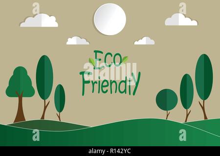 Arte di carta di albero sulla collina, Ecologia concetto con eco-green terra e alberi. Illustrazione Vettoriale Illustrazione Vettoriale