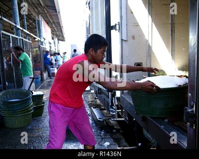 BINANGONAN, Rizal, Filippine - 8 Novembre 2018: un pesce porta e lavoratore mercato carichi di pesce fresco in un carrello. Foto Stock