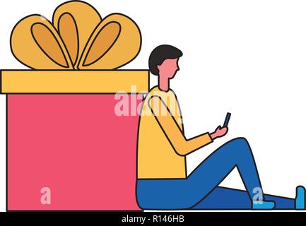 L'uomo utilizzando mobile con scatola regalo acquistare online illustrazione vettoriale Illustrazione Vettoriale