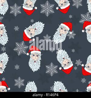 Seamless pattern di Natale dei capi del francese Babbo Natale con i fiocchi di neve Illustrazione Vettoriale