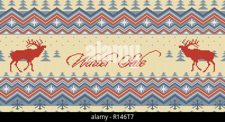 Inverno vendita. Natale inverno lana lavorato a maglia senza cuciture con pattern di cervi nella foresta di conifere Illustrazione Vettoriale
