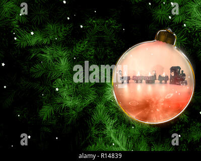 Sfondo di natale con rami di abete e palla di Natale con natale illustrazione del treno Foto Stock