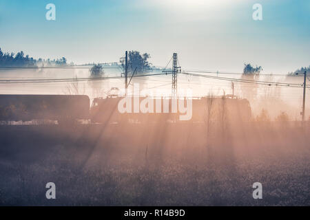 Treno merci si avvicina alla stazione in autunno nebbiosa mattina tempo. Foto Stock