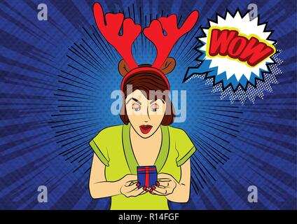 Vector illustrata in stile fumetto, cartoon donna tenendo un piccolo regalo. Wow il testo in un discorso bolla. Illustrazione Vettoriale
