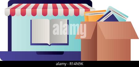 Computer portatile con tenda e box icona isolato Illustrazione Vettoriale