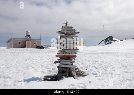 Cartello di direzione con la distanza di diverse città in russo Bellingshausen Antarctic Research Station, sull'isola King George, in Antartide Foto Stock