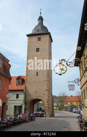 Unteres Tor, Volkach, bassa Franconia, Baviera, Germania, Gaibach Gate, Gaibacher Tor, Krakenturm Foto Stock