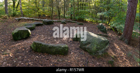 Il vecchio cerchio di pietra nel bosco a Alderley Edge, Cheshire, Inghilterra. Foto Stock