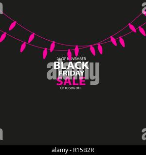 Venerdì nero vendita realizzate a mano con le luci di Natale candela-garlandand sagomato sfondo scuro per logo, banner, Etichette, scudetti, stampe poster, web. Illustrazione Vettoriale. Illustrazione Vettoriale