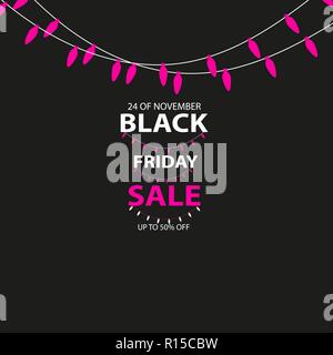 Venerdì nero vendita realizzate a mano con le luci di Natale candela-garlandand sagomato sfondo scuro per logo, banner, Etichette, scudetti, stampe poster, web. Illustrazione Vettoriale. Illustrazione Vettoriale