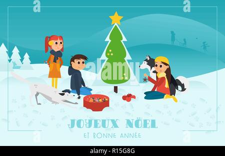 Auguri di Natale carta con testo francese Joyeux Noel et bonne Annee, in inglese Buon Natale e Felice Anno Nuovo. I bambini con i cani la decorazione Illustrazione Vettoriale