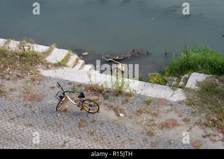 Vecchia bicicletta in acqua fangosa Foto Stock