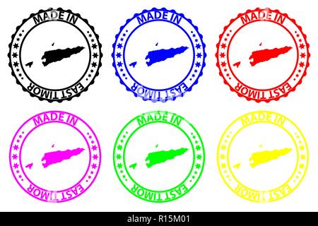 Fatto a Timor Est - timbro di gomma - vettore, Timor Est mappa del modello - nero, blu, verde, giallo, viola e rosso Illustrazione Vettoriale