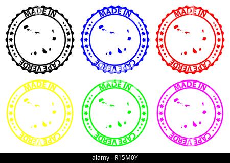 Made in Capo Verde - timbro di gomma - vettore, Capo Verde mappa del modello - nero, blu, verde, giallo, viola e rosso Illustrazione Vettoriale