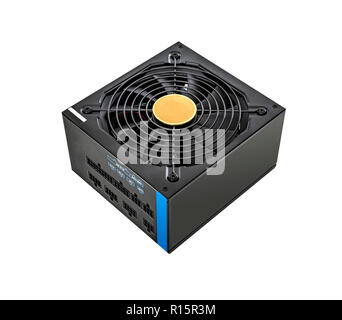 Alimentatore per computer isolati su sfondo bianco. Foto Stock