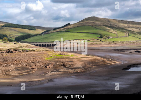 Vista generale di estremamente bassi livelli di acqua nel serbatoio Woodhead, parte del serbatoio Longdendale sistema in High Peak District Foto Stock