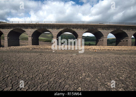 Vista generale di estremamente bassi livelli di acqua nel serbatoio Woodhead, parte del serbatoio Longdendale sistema in High Peak District Foto Stock