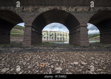 Vista generale di estremamente bassi livelli di acqua nel serbatoio Woodhead, parte del serbatoio Longdendale sistema in High Peak District Foto Stock