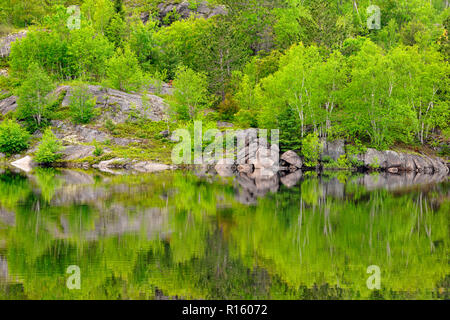 Foresta di primavera e affioramenti di roccia si riflette nel lago a gomito, Wanup, Ontario, Canada Foto Stock