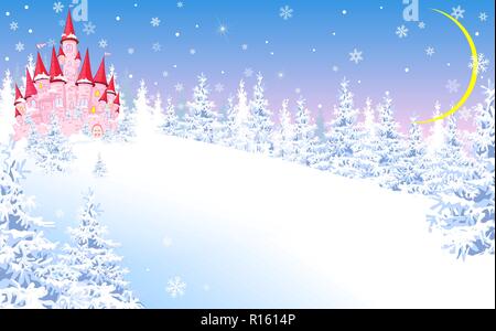 Cartoon castello rosa. Paesaggio invernale, la foresta, la neve. Di notte, la luna. Illustrazione Vettoriale
