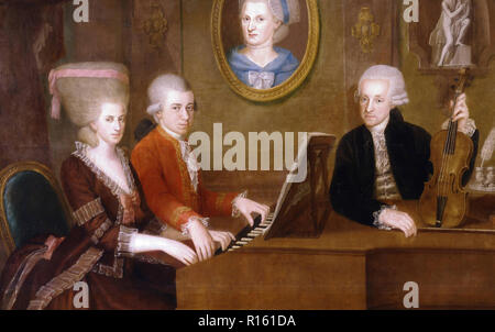 La famiglia di Mozart: Wolfgang e sua sorella Nannerl ( Maria Anna ) al pianoforte e il padre Leopold Mozart, con il violino. Sulla parete un ritratto della madre della Croce, Johann Nepomuk (1736-1819) Foto Stock