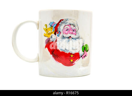 Tazza con immagine di Santa Claus disegno con doni anno nuovo isolato su uno sfondo bianco Foto Stock