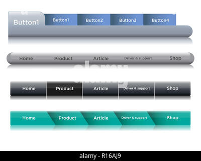 Set di barra di navigazione dei modelli con nero pulsante al passaggio del mouse. Web vettore di elementi di testata su sfondo grigio Foto Stock