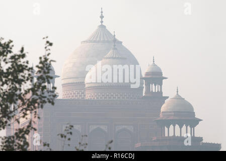 Meravigliosamente strutturato cupole di Mihmaan Khana nel complesso del Taj Mahal con perfetta architettura di Mughal in marmo e in pietra che appare enorme Foto Stock