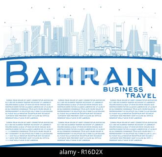 Delineare il Bahrain skyline della città con edifici blu e copia di spazio. Illustrazione Vettoriale. Viaggi di affari e di turismo con il concetto di architettura moderna. Illustrazione Vettoriale